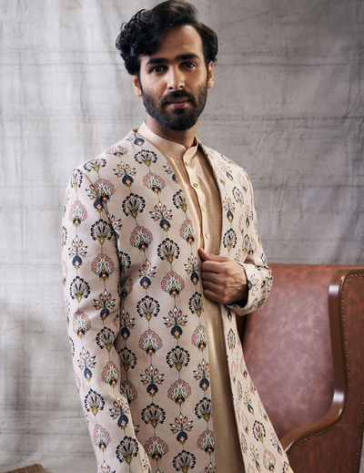 Sarouk Printed Longline Jacket With Kurta Set