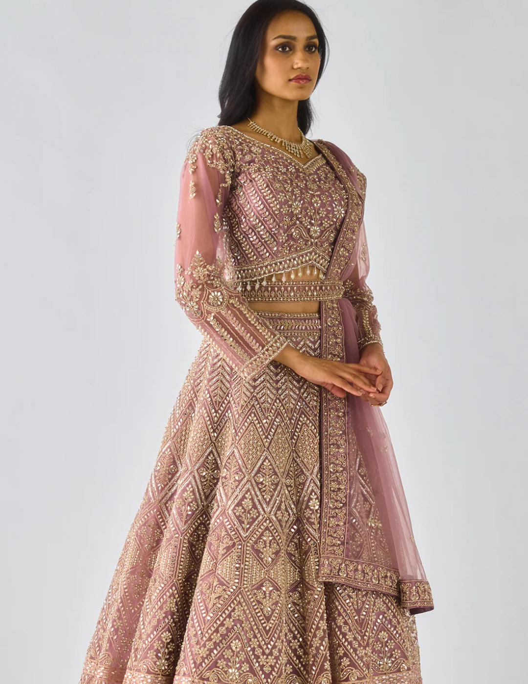 Peach Net Embroidered Lehenga Set