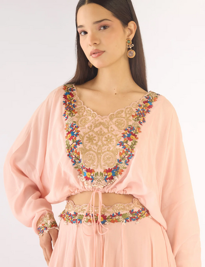 Pink Satin Crepe Embroidered Skirt Set