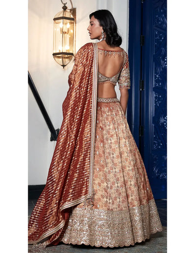 Rust Banarasi Weave Embroidered Lehenga Set