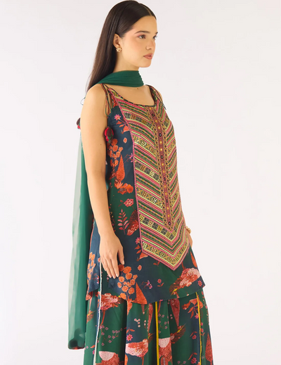 Green Crepe Embroidered Sharara Set