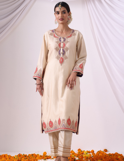Saanvi Ivory Embroidered Kurta Set with Palazzo & Dupatta
