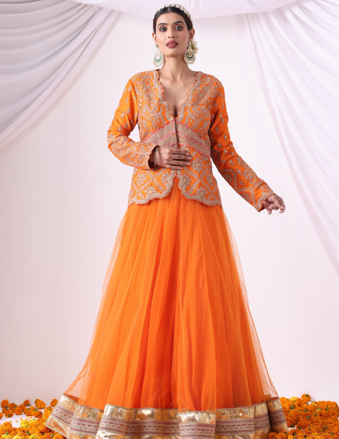 Tej Orange Net Skirt Set