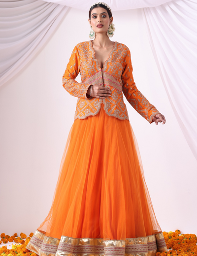 Tej Orange Net Skirt Set