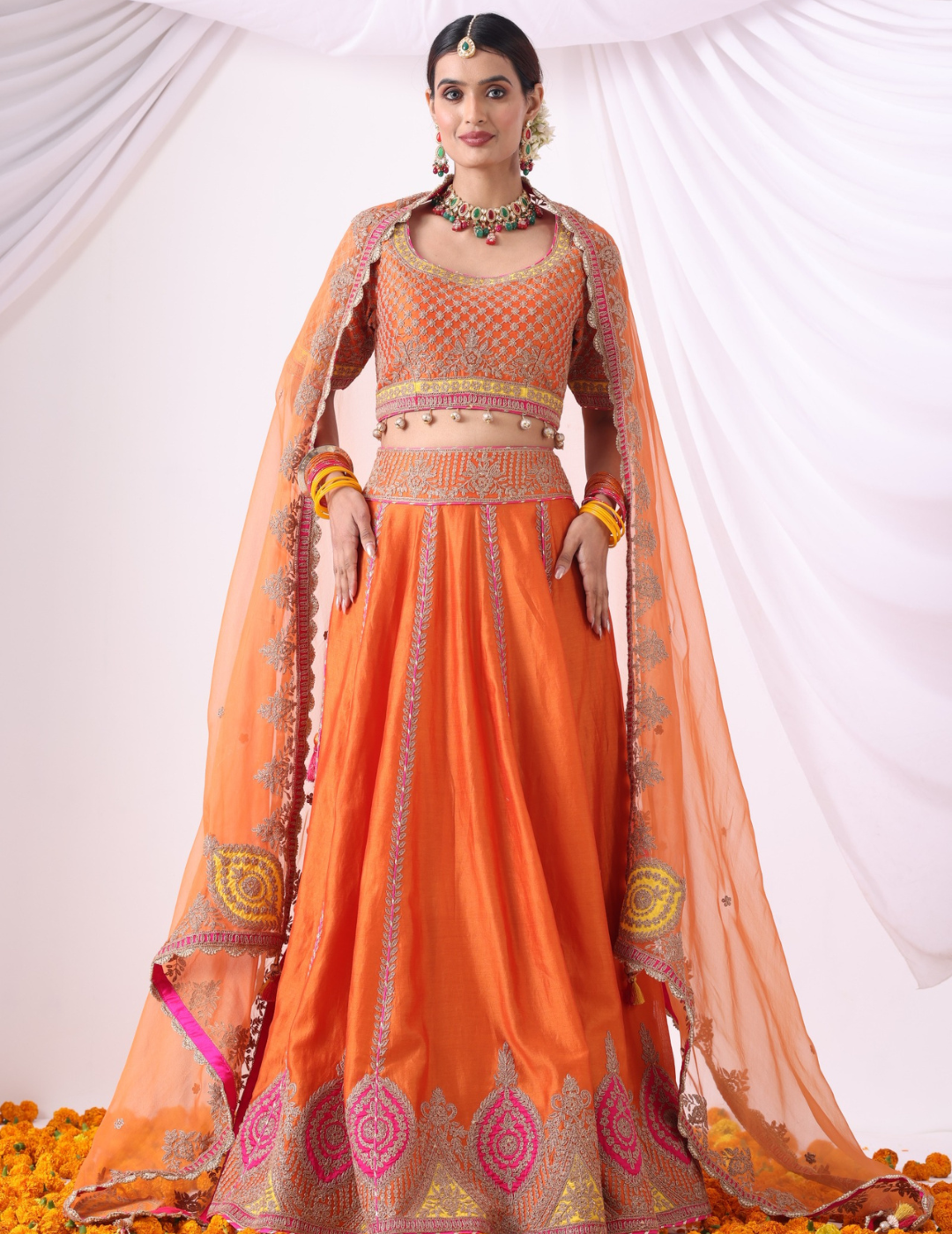 Surya Orange Zari Embroidered Chanderi Lehenga Set