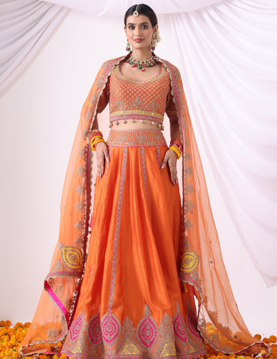 Surya Orange Zari Embroidered Chanderi Lehenga Set