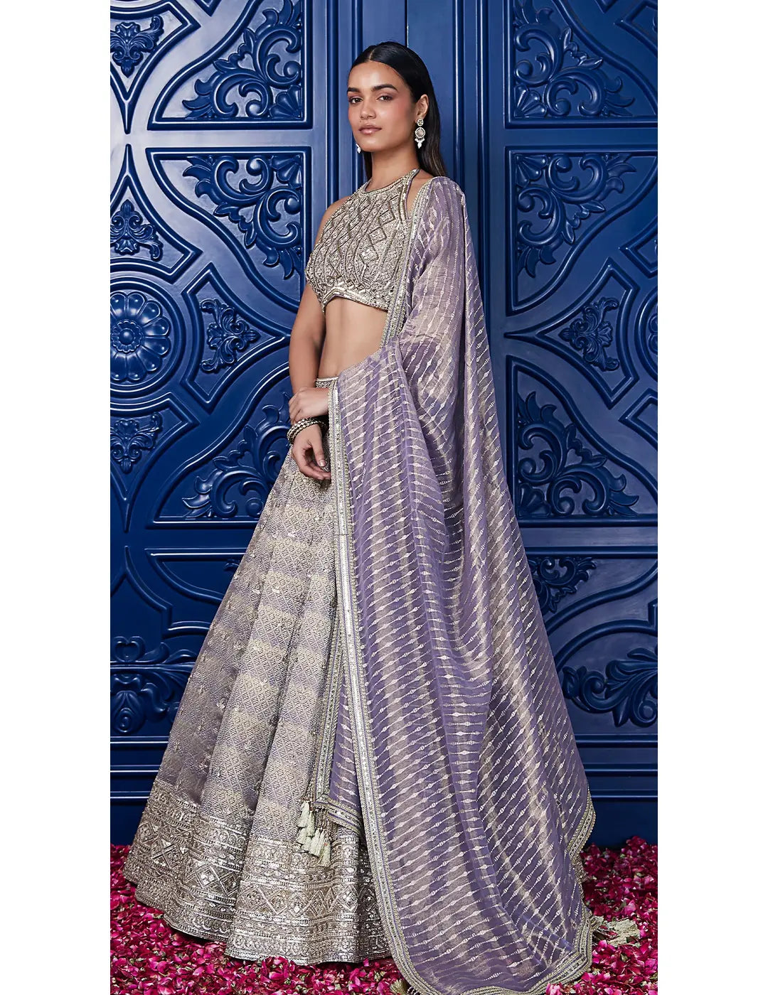 Mauve Tissue Embroidered Lehenga Set