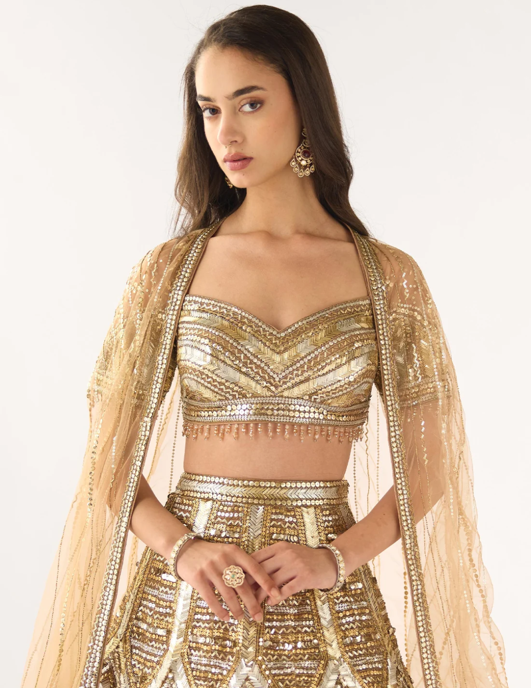 Gold Soft Net Embroidered Lehenga Set