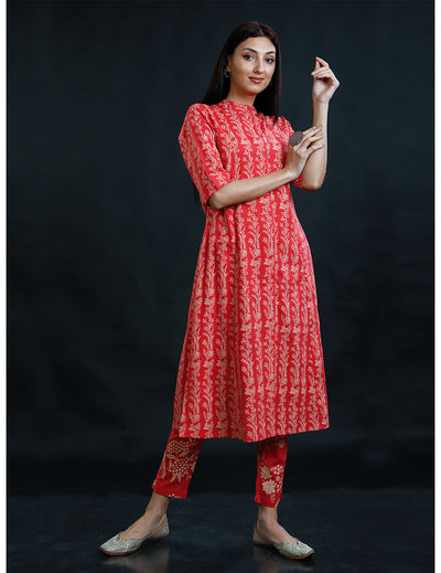 Red Cotton A-Line Kurta