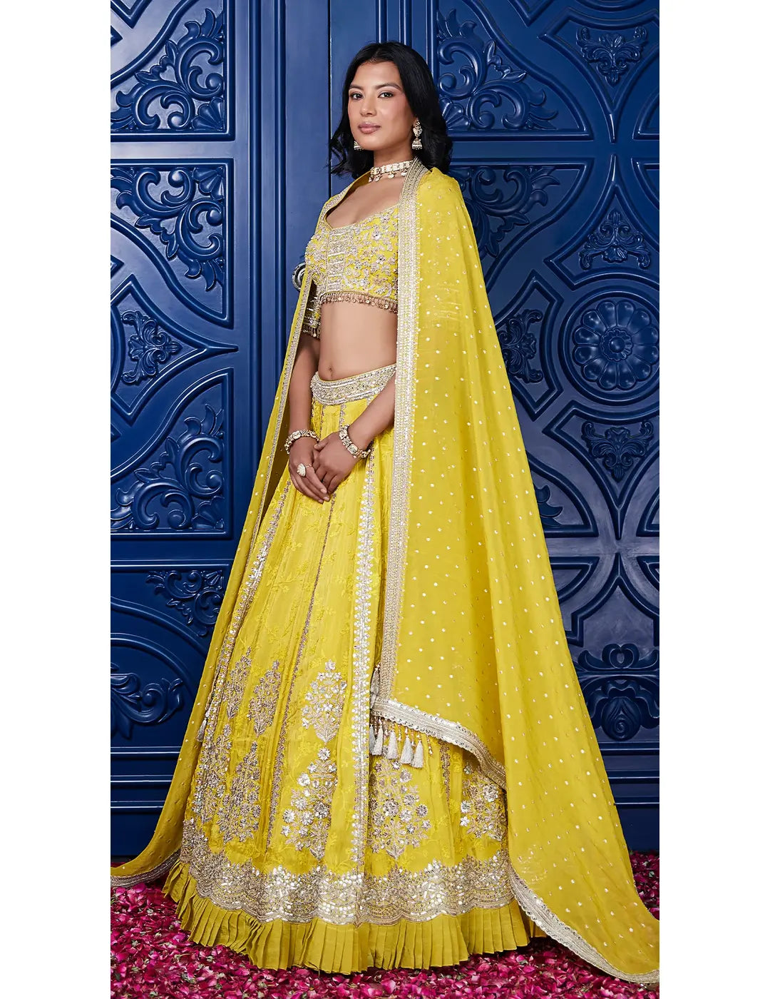 Yellow Tissue Silk Embroidered Lehenga Set