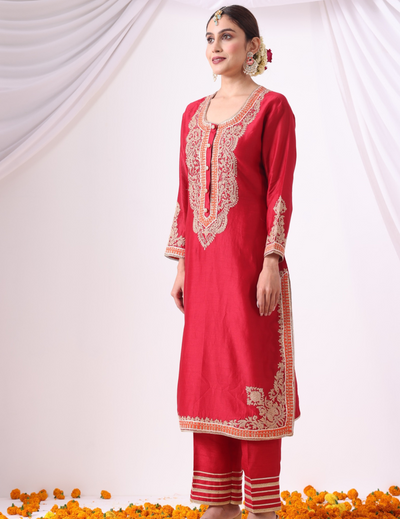 Ira Maroon Embroidered Kurta Set with Palazzo