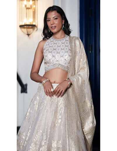 Ivory Banarasi Weave Embroidered Lehenga Set