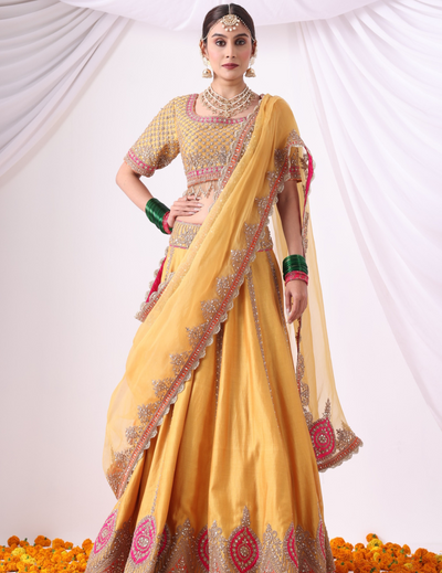 Aaranya Mustard Zari Embroidered Chanderi Lehenga Set