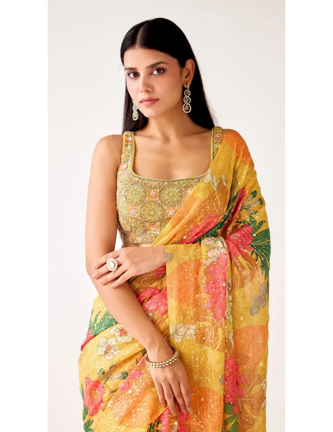 Mustard Georgette Embroidered Saree