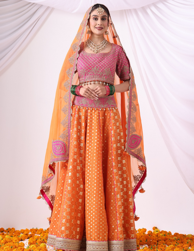 Ruhani Orange & Magenta Zari Buti Chanderi Lehenga Set