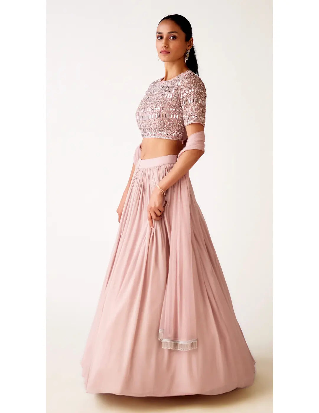 Pink Chinon Embroidered Lehenga Set