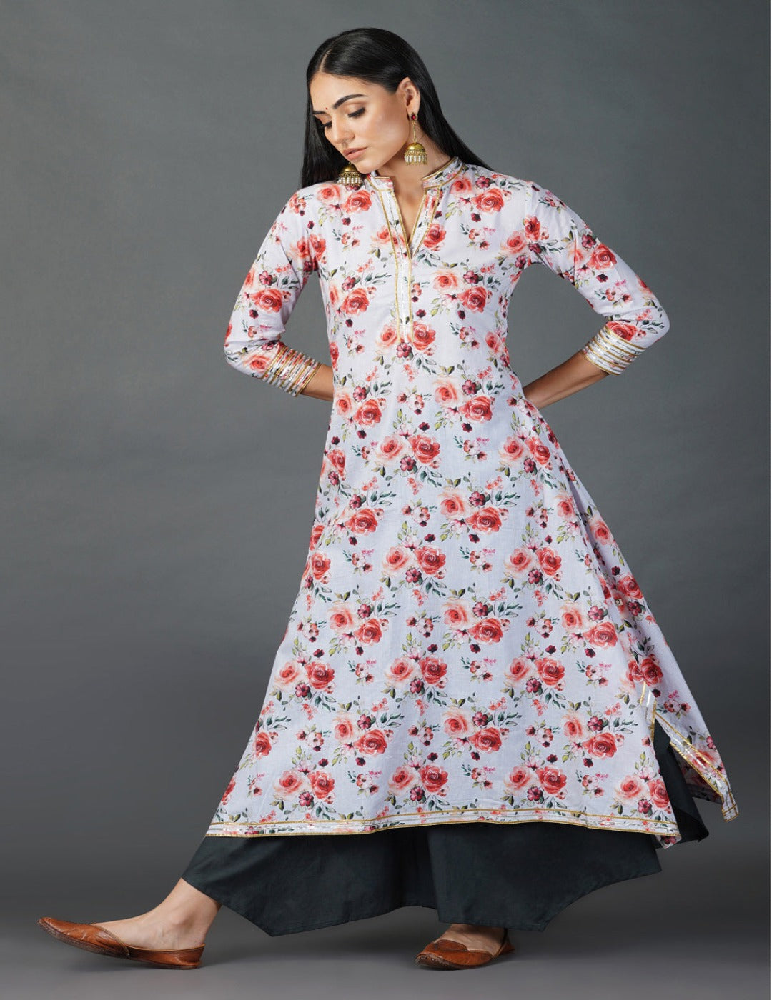 Printed asymmetrical kurta, gota embellishment Kurti