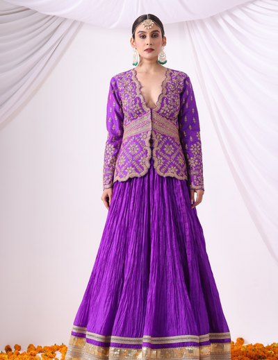 Aabha Violet Crushed Silk Skirt Set