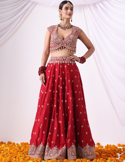 Mehr Maroon Zari Embroidered Chanderi Lehenga Set