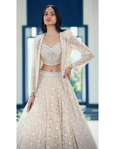 Beige Chantilly Net Embroidered Lehenga Set