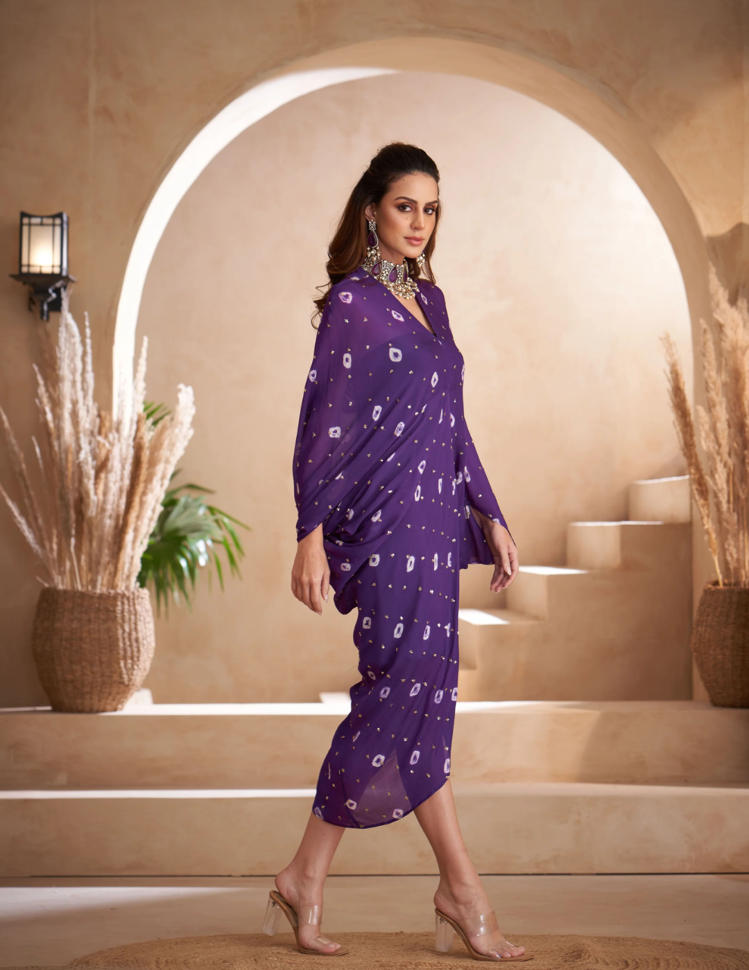 Deep Purple Chinon Embroidered Midi Dress