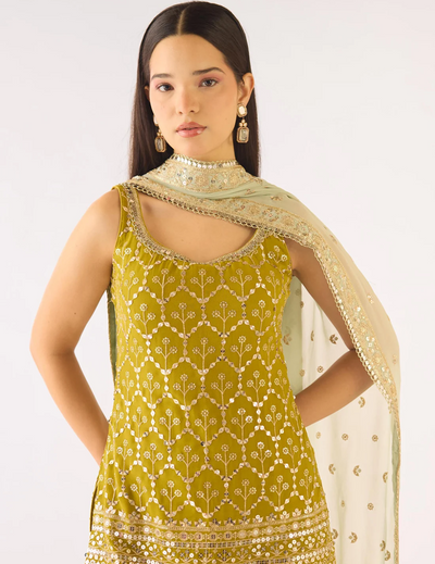 Lime Georgette Embroidered Sharara Set
