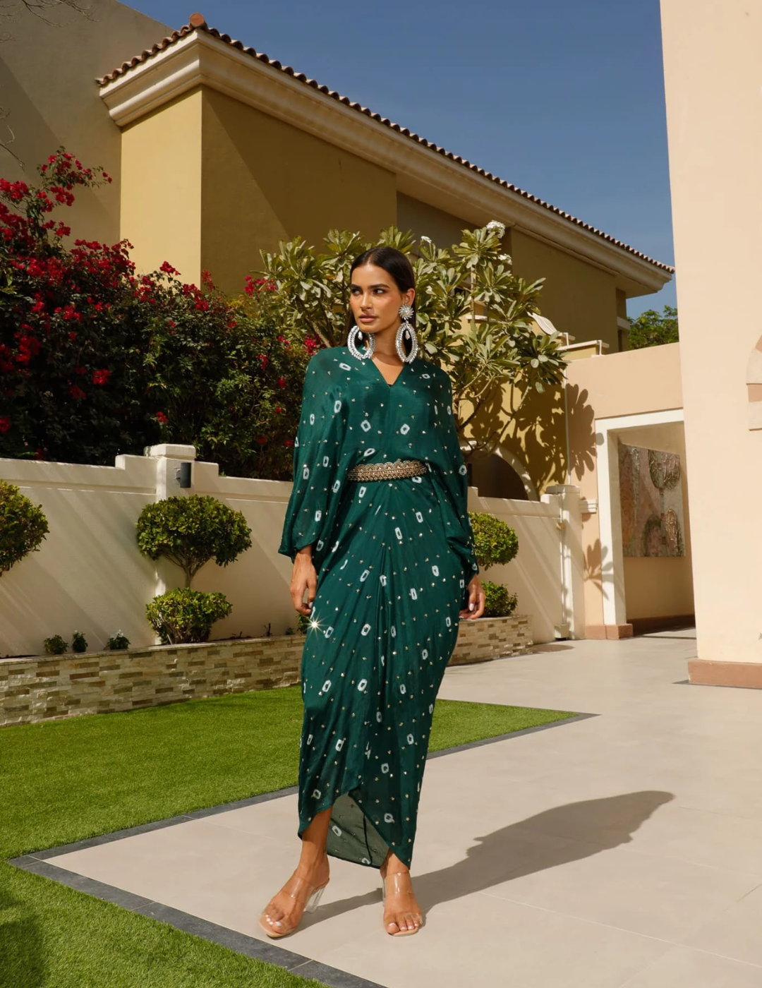 Green Chinon Embroidered Midi Dress