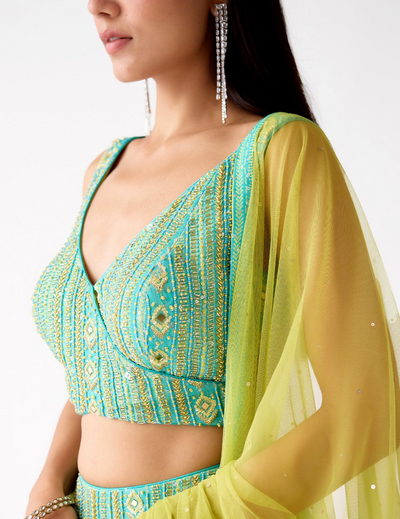 Firozi Georgette Embroidered Lehenga Set