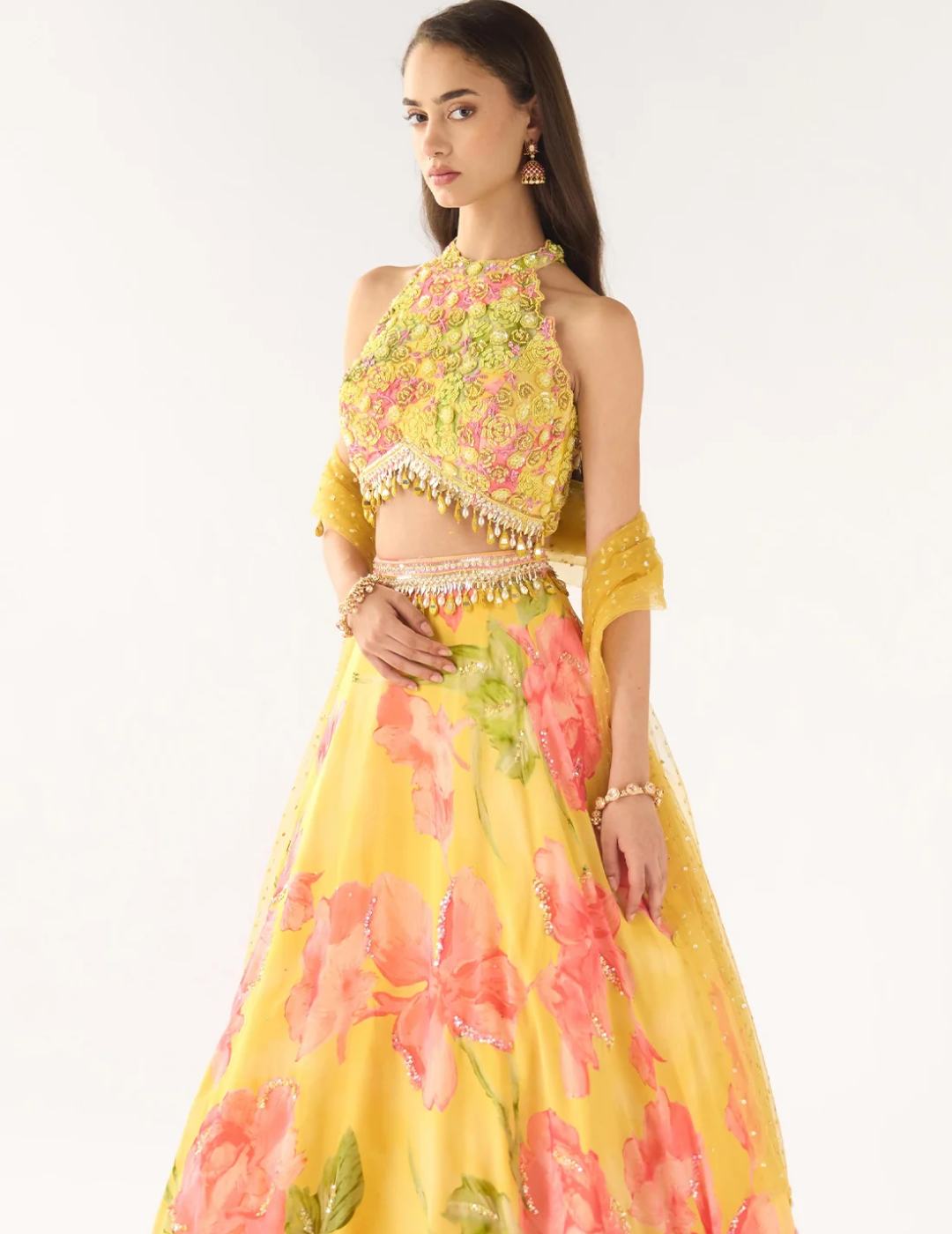 Yellow Georgette Embroidered Lehenga Set