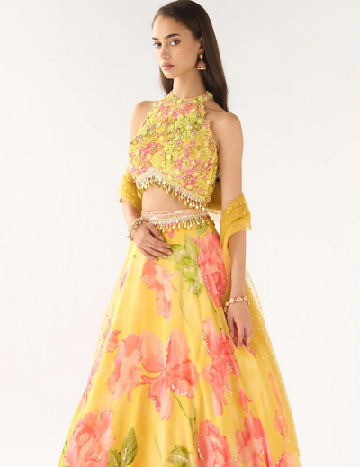 Yellow Georgette Embroidered Lehenga Set