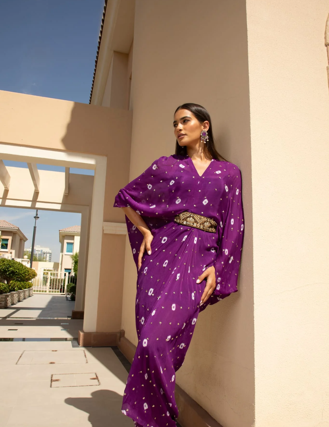 Royal Purple Chinon Embroidered Midi Dress