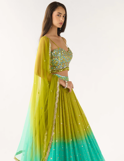 Lime Georgette Embroidered Lehenga Set