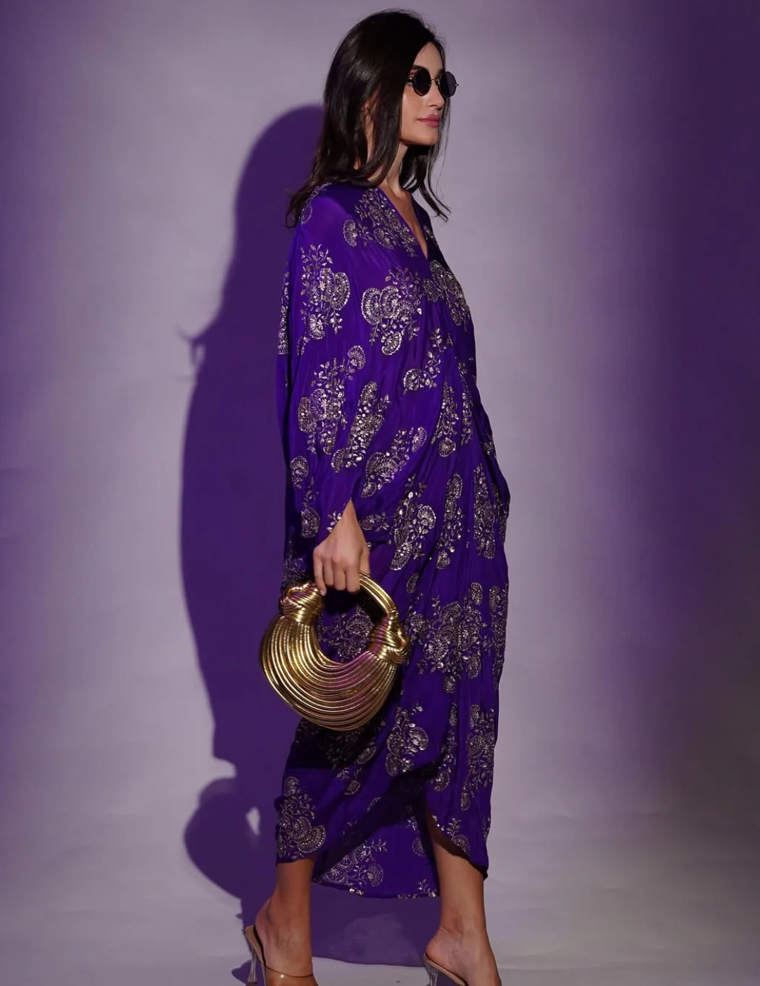 Royal Purple Chinon Embroidered Midi Dress