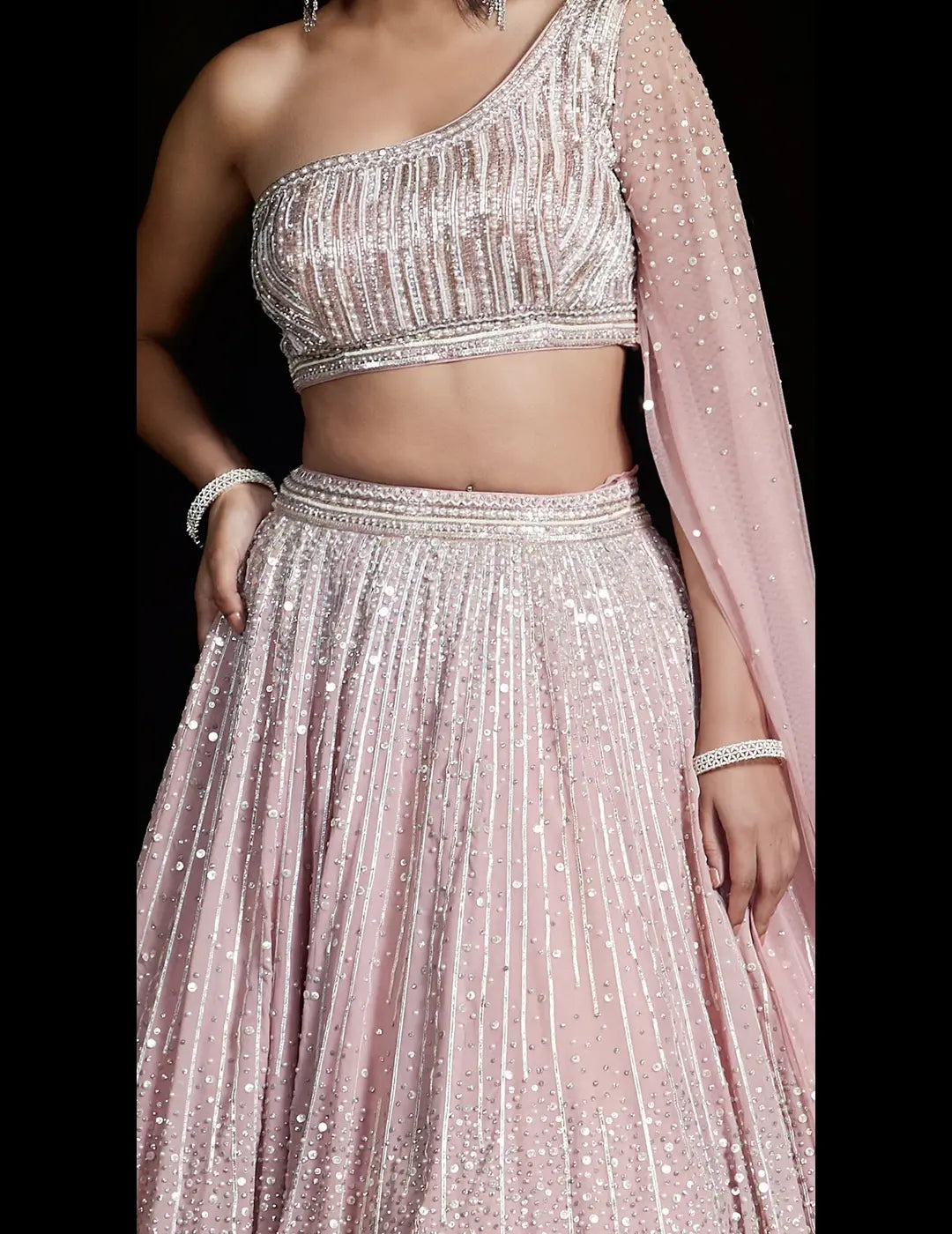 Pink One Shoulder Embroidered Lehenga