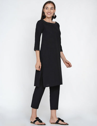 Black cotton contrast-stitched A-line kurta