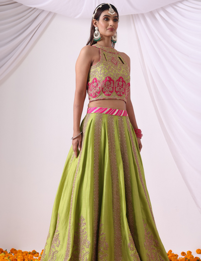 Sitara Parrot Green Zari Chanderi Lehenga Set