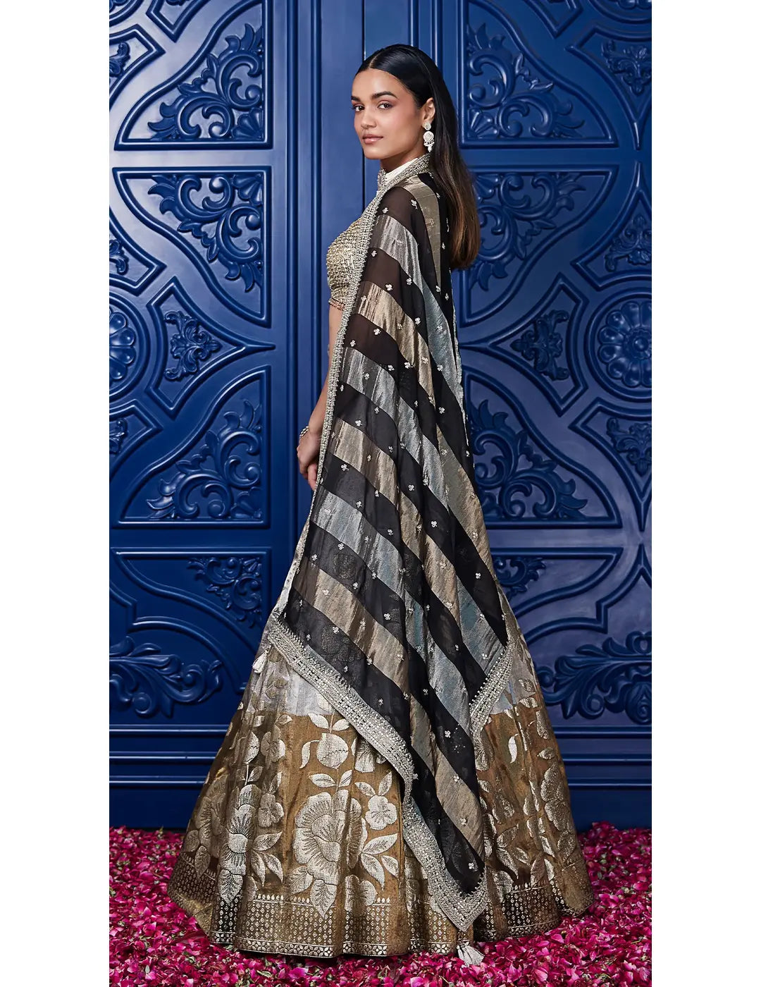 Brown Banarasi Weave Embroidered Lehenga Set