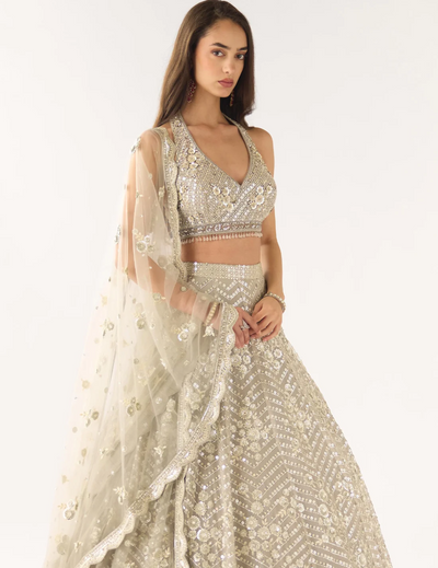 Grey Organza Embroidered Lehenga Set