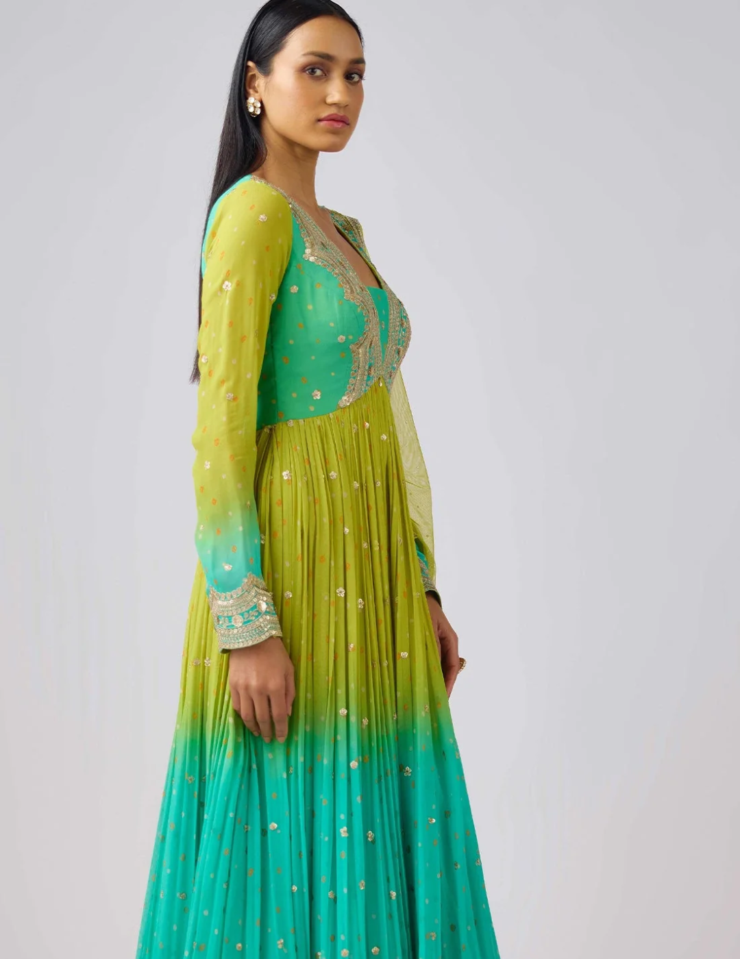 Lime Georgette Embroidered Anarkali Set
