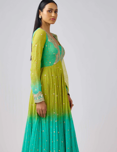 Lime Georgette Embroidered Anarkali Set