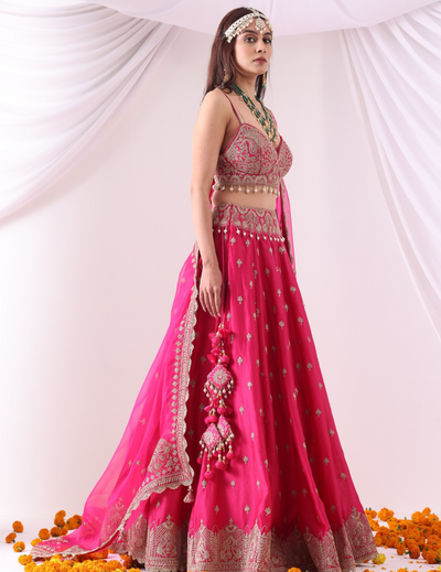 Aabroo Magenta Zari Embroidered Chanderi Lehenga Set