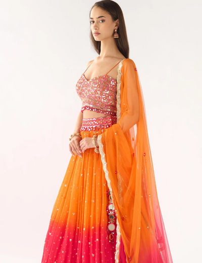 Orange Georgette Embroidered Lehenga Set