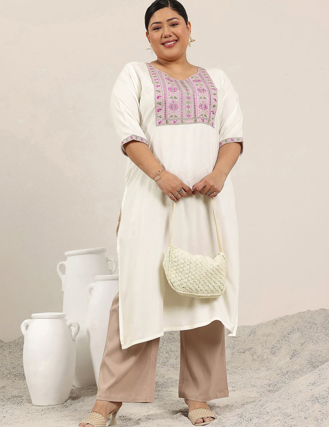 Off White Yoke Design Rayon Straight Kurta