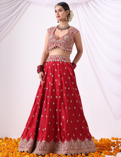 Mehr Maroon Zari Embroidered Chanderi Lehenga Set