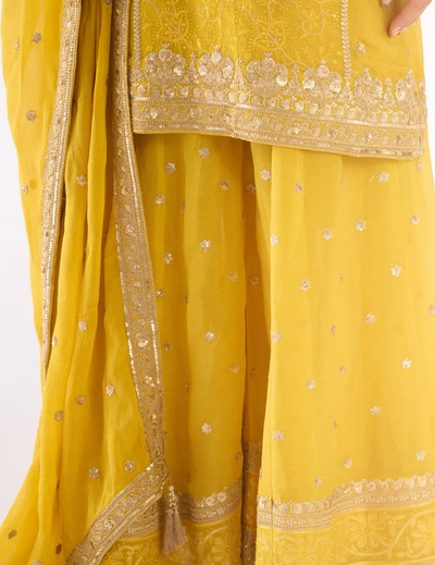 Yellow Banarasi Embroidered Sharara Set