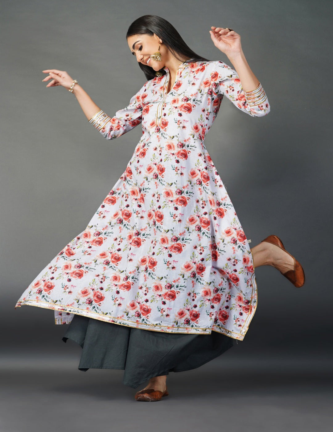 Printed asymmetrical kurta, gota embellishment Kurti