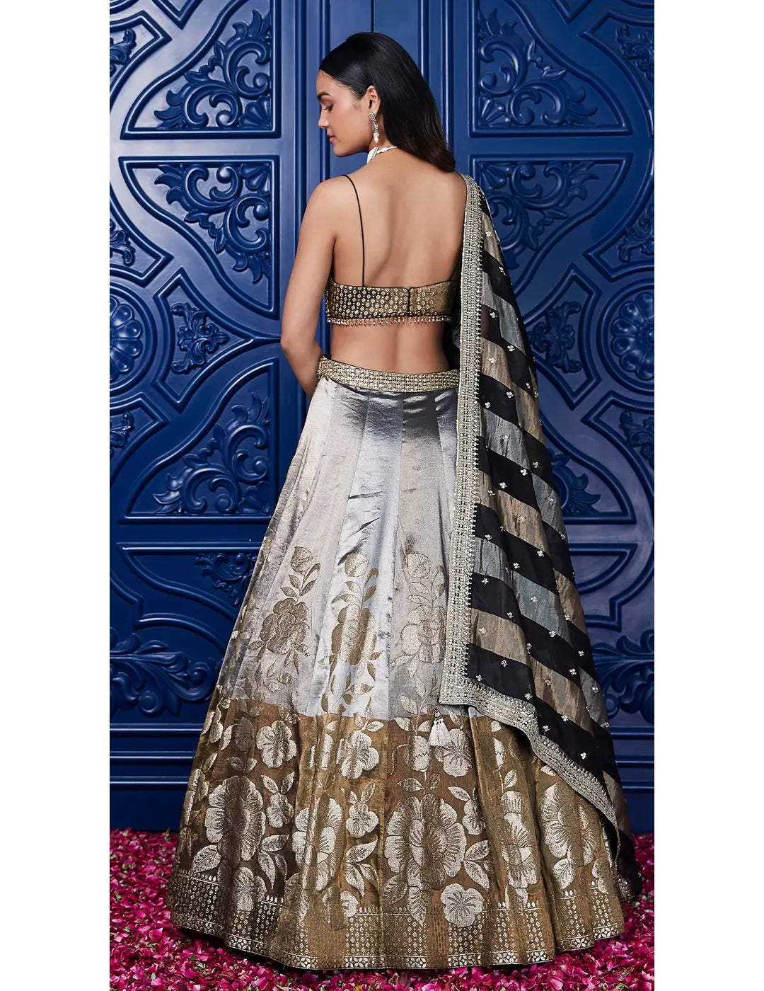 Brown Banarasi Weave Embroidered Lehenga Set