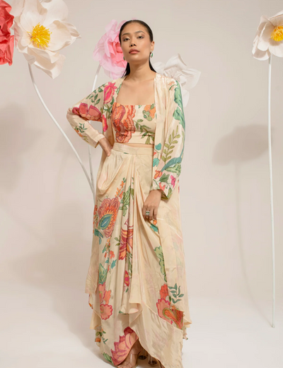 Cream Digital Print Jacket Set