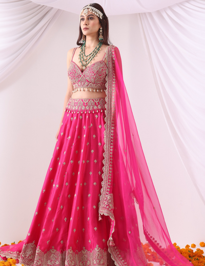 Aabroo Magenta Zari Embroidered Chanderi Lehenga Set