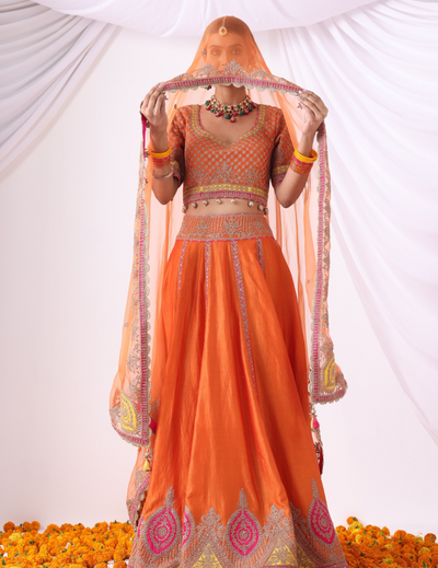 Surya Orange Zari Embroidered Chanderi Lehenga Set